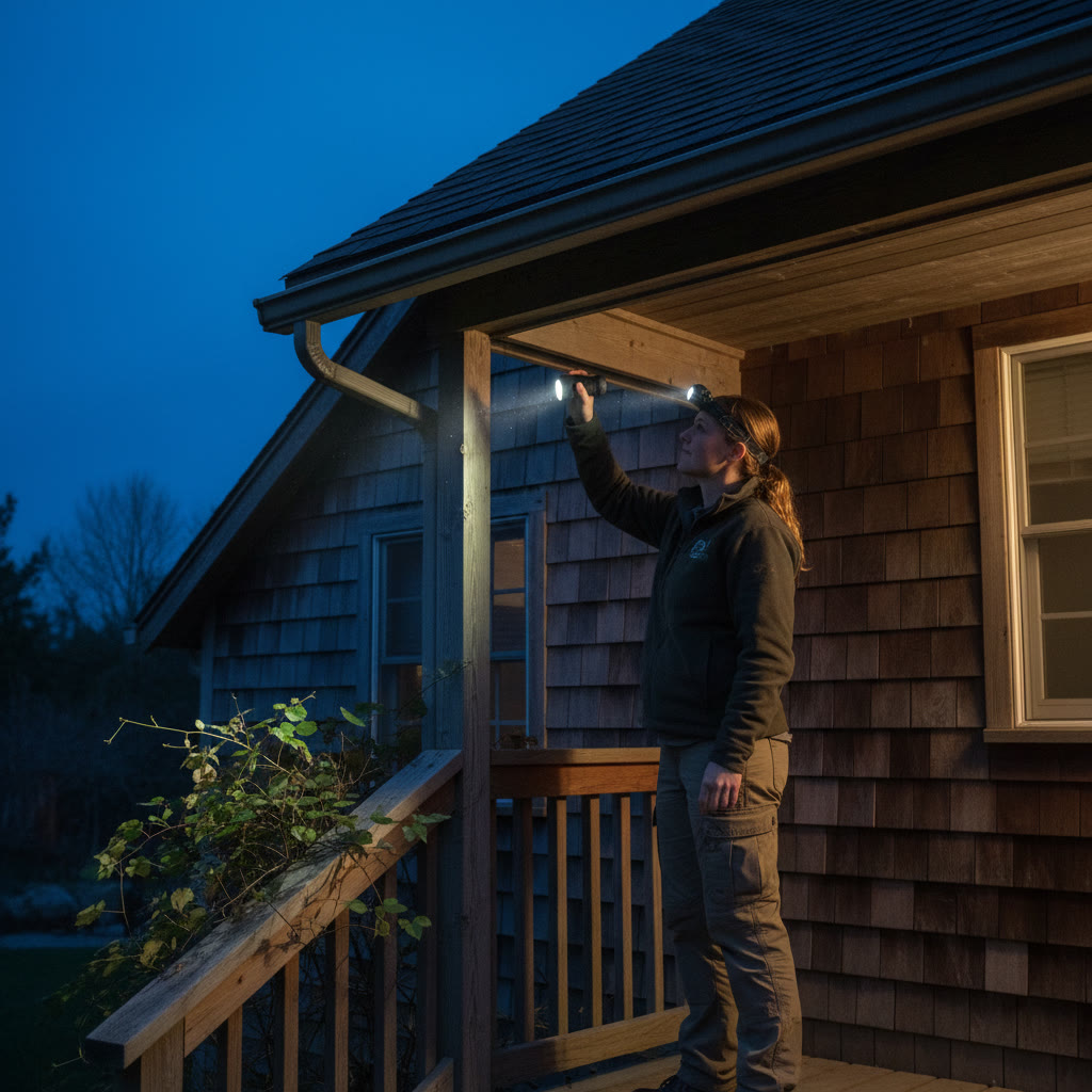 A wildlife technician inspects a roofline at dusk